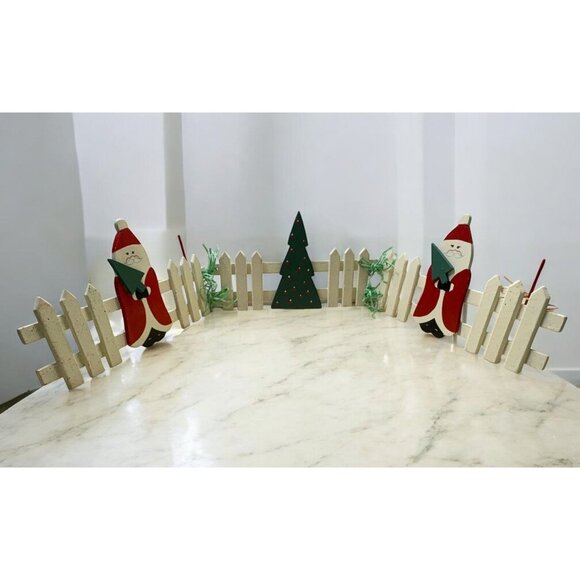 Vintage Santa and Christmas Tree White Picket Wooden Fence Holiday Decor - Picture 1 of 7